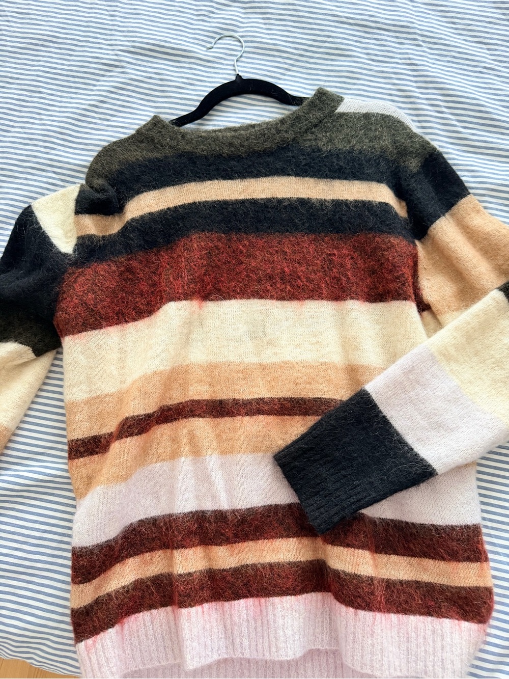 Acne Multicolor Striped Crewneck Sweater in Pink, Peach, Cream & Olive